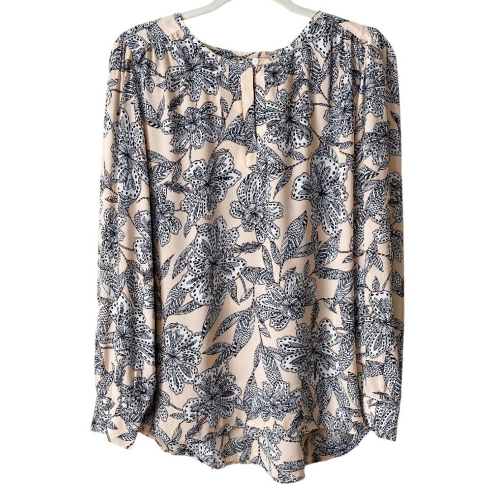 LOFT | Floral Print Long Sleeve Blouse Top Keyhole Blush Pink Black White Medium